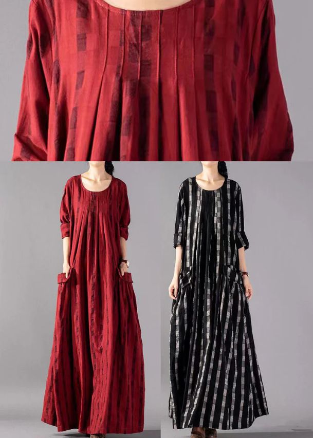Vintage Black O-Neck Plaid Print Cotton Long Dresses Long Sleeve Vintage Black O-Neck Plaid Print Cotton Long Dresses Long Sleeve