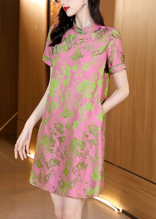 Vintage Pink Mandarin Collar Jacquard Silk cheongsam Dresses Short Sleeve Vintage Pink Mandarin Collar Jacquard Silk cheongsam Dresses Short Sleeve