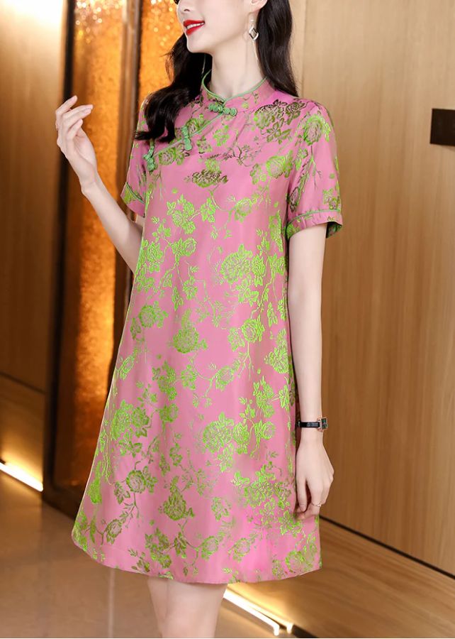 Vintage Pink Mandarin Collar Jacquard Silk cheongsam Dresses Short Sleeve Vintage Pink Mandarin Collar Jacquard Silk cheongsam Dresses Short Sleeve