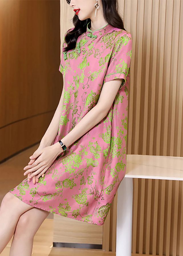Vintage Pink Mandarin Collar Jacquard Silk cheongsam Dresses Short Sleeve Vintage Pink Mandarin Collar Jacquard Silk cheongsam Dresses Short Sleeve