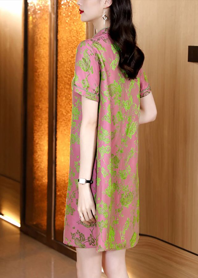 Vintage Pink Mandarin Collar Jacquard Silk cheongsam Dresses Short Sleeve Vintage Pink Mandarin Collar Jacquard Silk cheongsam Dresses Short Sleeve