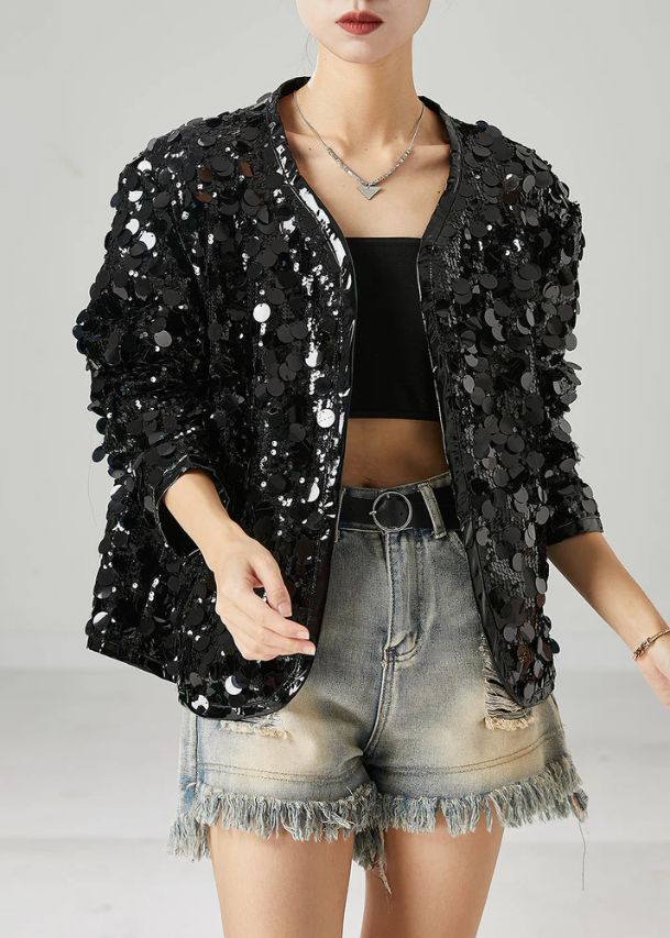 Women Black Sequins Oversized Coat Spring Women Black Sequins Oversized Coat Spring