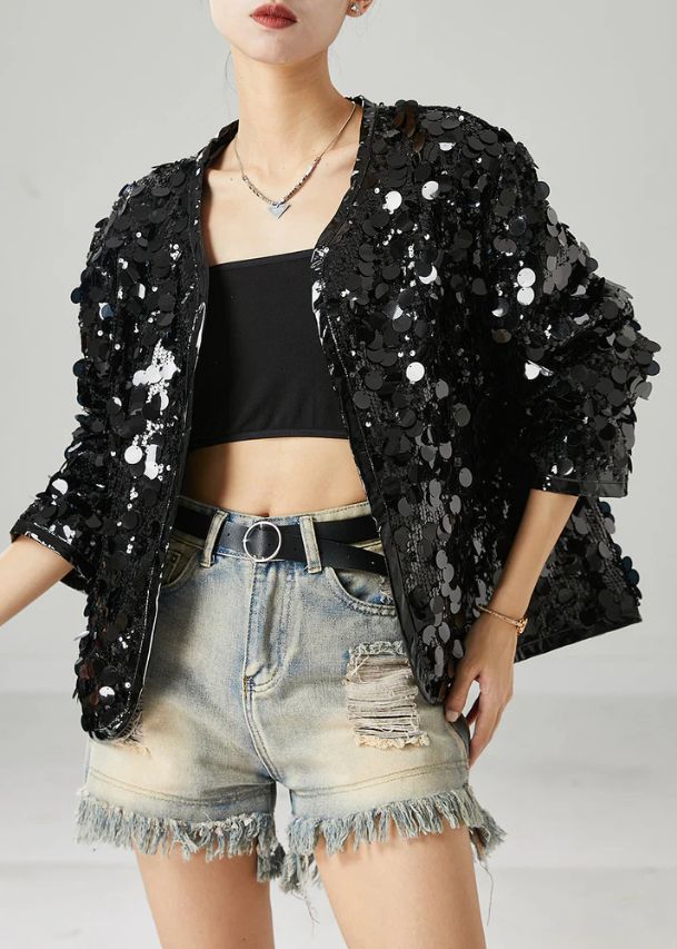 Women Black Sequins Oversized Coat Spring Women Black Sequins Oversized Coat Spring