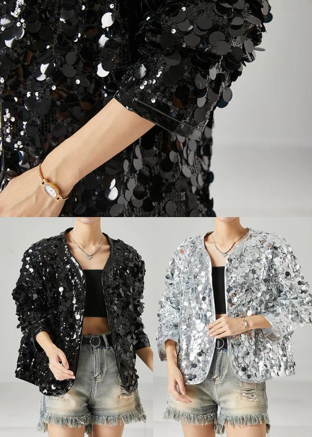 Women Black Sequins Oversized Coat Spring Women Black Sequins Oversized Coat Spring